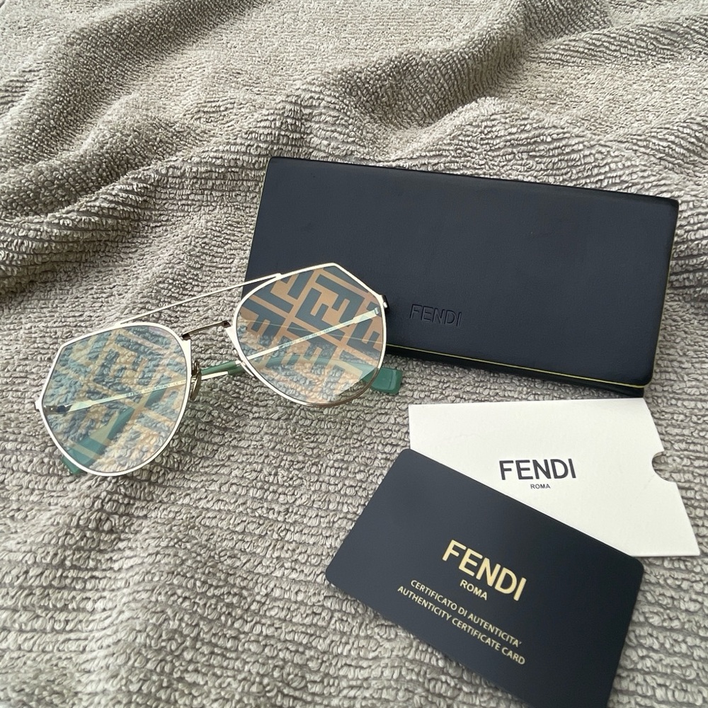 Fendi Gold Crystal Green Aviator Sunglasses Monogram Mirror Lenses FF0194/S